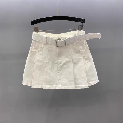 杏白色牛仔半身裙2025夏季新款高腰防走光小个子辣妹百褶裙短