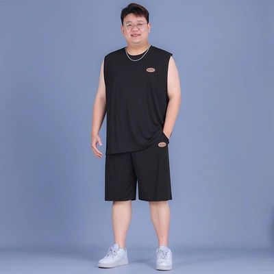 休闲套装夏季男士无袖速干上衣休闲短裤两件套加肥加大男装冰丝潮