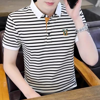 夏季新款男士Polo衫短袖潮牌百搭休闲条纹翻领半袖T恤男士高