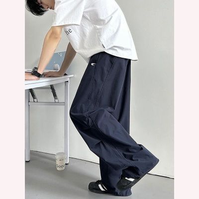 藏青色刺绣裤子男款夏季美式复古垂感阔腿裤高级感褶皱宽松伞兵裤