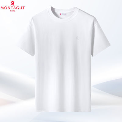 Montagut/梦特娇纯色圆领绣花短袖打底衫男士白色内衣透