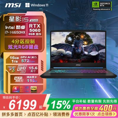 MSI/΢Ӱ15 2025 RTX5060 14i7-14650HX 2.5K 165HzʼǱ6199Ԫ