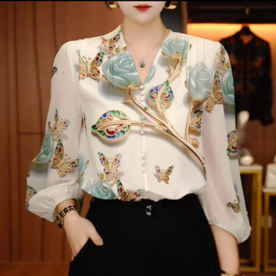 上衣重磅印花显瘦百搭衬衫气质V领固色复古港风女装深圳原创双绉