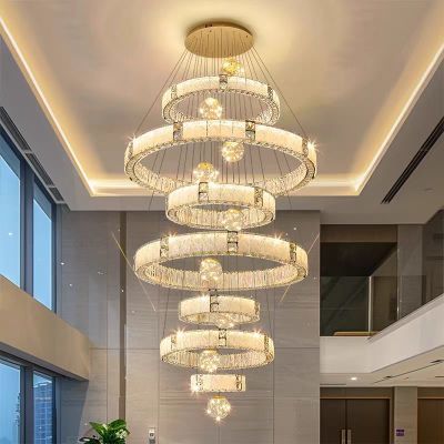 复式楼客厅吊灯中空水晶吊灯现代简约别墅自建房挑空别墅大厅吊灯