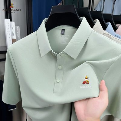稻草人夏季高档桑蚕丝男士短袖T恤休闲翻领纯色薄款刺绣POLO
