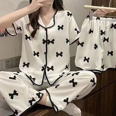 2024新款睡衣女夏天高颜值网红三件套开衫短袖短裤长裤甜美家
