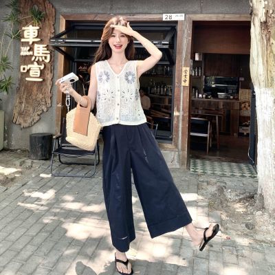 韩系复古钩花镂空无袖上衣阔腿裤两件套女夏2025新款时尚显瘦
