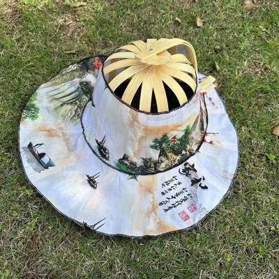 女生便携防晒折叠竹扇帽子遮阳帽帽子太阳帽沙滩帽夏天折扇百搭