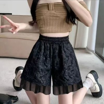 胖mm大码夏装新款高腰显瘦时尚雪纺拼接松紧腰阔腿休闲短裤女