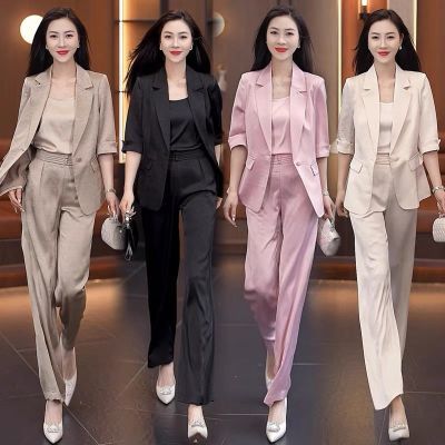 2025夏季冰丝西装套装女轻奢高级垂感薄款短袖外套阔腿裤三件