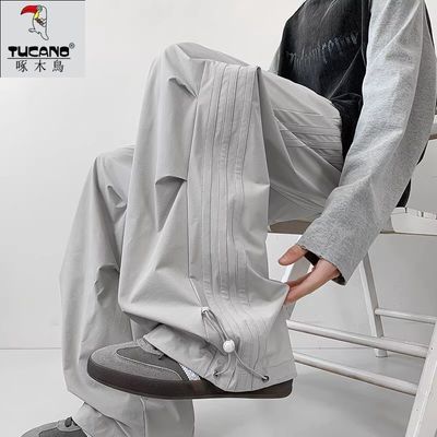 啄木鸟2025夏季条纹美式褶皱工装裤潮牌直筒抽绳伞兵宽松休闲