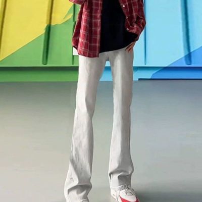 怪兽工作室高街复古烟灰色微喇牛仔男女时尚百搭潮牌修身美式显瘦