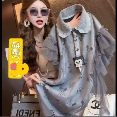 夏日绝美连衣裙2025年新款小众设计时尚网纱拼接翻领衬衫裙全