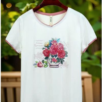 清仓始终如衣夏季百搭V领宽松显瘦印绣花朵短袖T恤女S1655