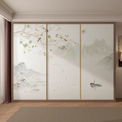 新中式山水衣柜门贴纸自粘防水防窥卧室旧柜门改造装饰移门贴膜