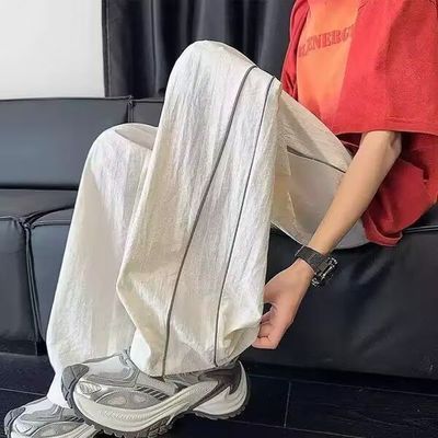 运动美式潮流条纹休闲直筒裤子夏季休闲裤冰丝薄款宽松长裤筒裤