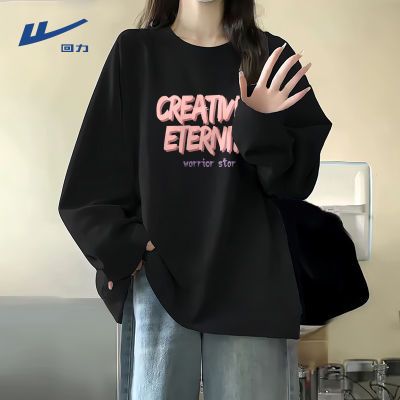 【回力】黑色短袖女t恤新款夏季ins潮流上衣大码宽松慵懒风纯棉长袖衫