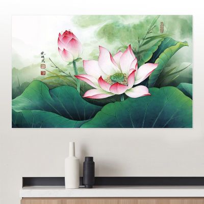荷花自粘画50X80贴画卫生间装饰画荷花风水画50-80贴墙画海报定制