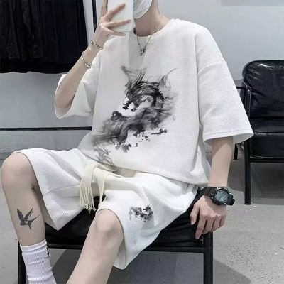 华夫格短袖套装男士夏季款潮牌宽松大码胖子t恤夏天休闲运动短裤
