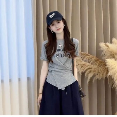 时尚洋气撞色字母印花短袖t恤女夏季不规则斜扣收腰显瘦百搭上衣