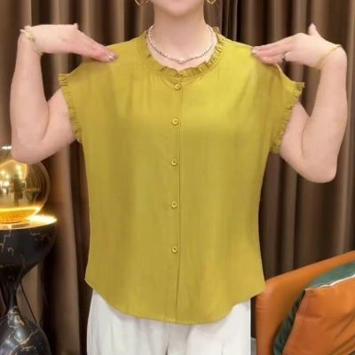 夏季时尚新款无袖耳边休闲洋气纯色衬衫显瘦单排小衫上衣T恤