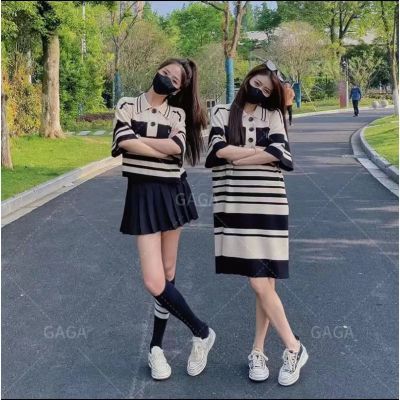 黑白琴键设计感条纹拼接POLO连衣裙减龄显瘦夏季短袖上衣套装裙优惠商品图片