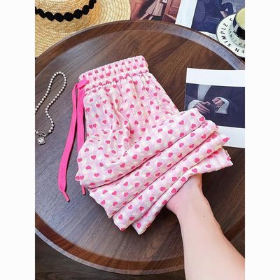 胖mm大码甜美俏皮撞色爱心印花阔腿裤女夏季小众百搭ins休闲裤子