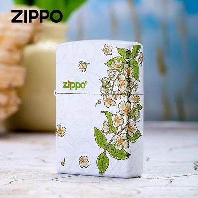 Zippo打火机防风煤油正品白哑漆彩印春绘的茉莉情人节送礼物收藏