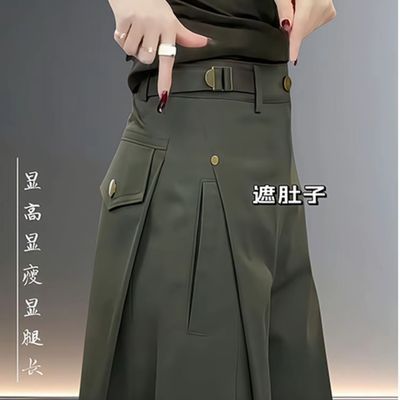 欧荟绿色复古工装休闲2025夏季薄款大码胖MM洋气直筒修身阔腿裤【6天内发货】