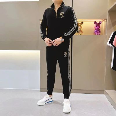 欧洲站轻奢休闲运动套装男士春秋季潮流牌帅气立领长袖长裤两件套