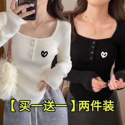 单/两件 双面德绒洋气打底衫女秋冬装饰纽扣内搭方领保暖长袖上衣