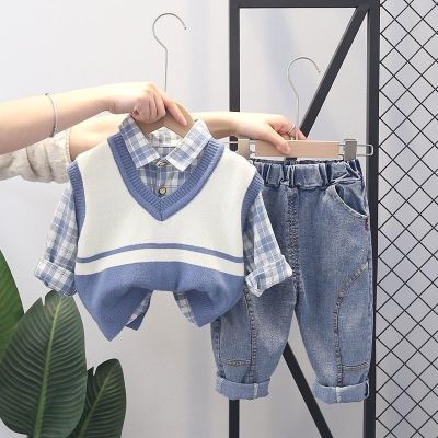 童装男童春款套装男宝宝洋气毛衣 马甲儿童韩版休闲春秋季三件套