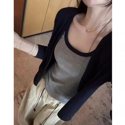 长袖开衫小外套女2025秋季款韩版时尚撞色吊带两件套洋气百搭上衣