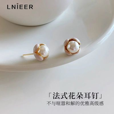 LNIEERS925银针法式花朵耳钉轻奢高级感气质女士耳环礼盒耳饰品