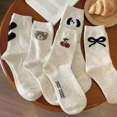 【5双装】学生版可爱中筒纯色点子学院ins春秋长袜卡通小熊【3天内发货】