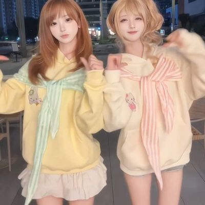 美式甜美风披肩格子蝴蝶结连帽卫衣女秋季舒适宽松设计感上衣外套