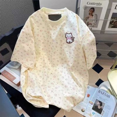 100%不起球猫咪夏季新款可爱港风女短袖印碎花休闲宽松T恤上衣潮