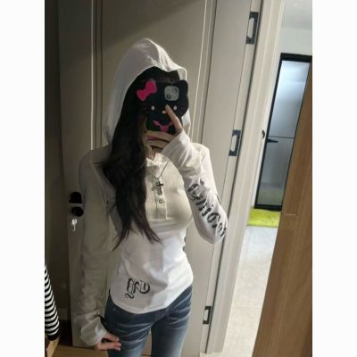 美式朋克风哥特辣妹连帽长袖T恤女夏季新款修身显瘦薄款防晒上衣