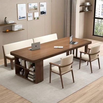 北欧实木大长书桌书柜一体写字桌家用去客厅化学习桌办公桌工作台