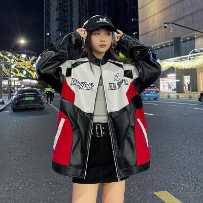 新款高档情侣PU皮衣男士酷炫字母拼接皮衣立领港风宽松版防撞夹克