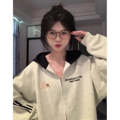 日系复古连帽卫衣女秋冬宽松显瘦加绒加厚三条杠情侣拉链开衫外套