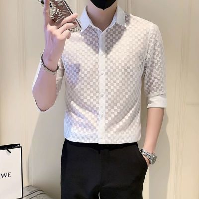 男士夏季衬衫2025七分新款痞帅潮流高级感男士衬衣短袖上衣设计感