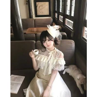 微胖大码女装清楚系温柔优雅长裙约会穿搭一字肩花边日系连衣裙女