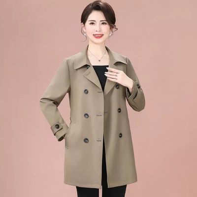 中式高档妈妈秋装风衣女中长款外套休闲百搭双排扣中年女春秋上衣