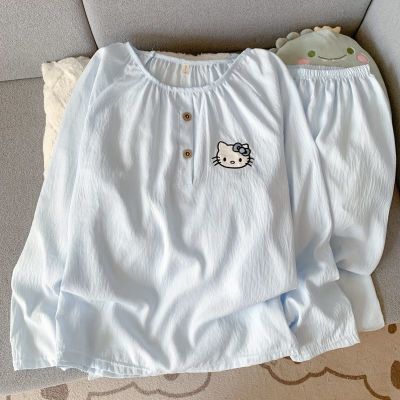 日系小猫睡衣女春秋季2025新款长袖长裤套头款少女圆领家居服套装