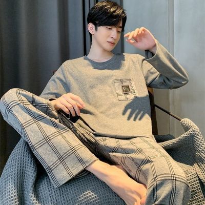 新款100%纯棉男士睡衣春秋季长袖中年可外穿秋冬全棉家居服套装男