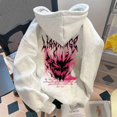 国潮恶魔印花连帽卫衣2025新款高街潮牌情侣宽松秋冬加绒加厚外套
