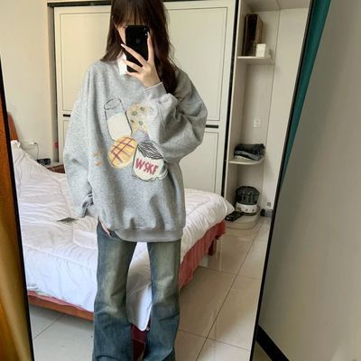 100%不起球韩版学院风卫衣女学生版卡通印花宽松百搭秋季上衣叠穿