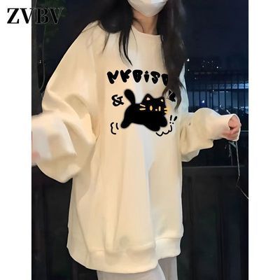 秋冬季上衣圆领加绒薄款长袖女小个子宽松百搭校园风卫衣女慵懒风
