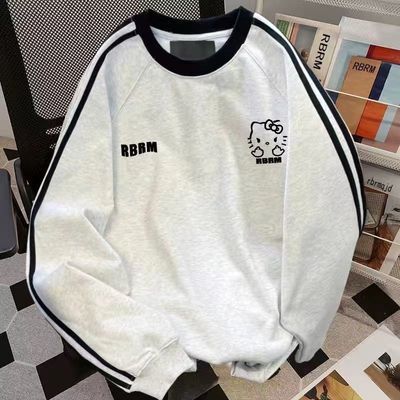 甜酷Hello Kitty三条杠卫衣女秋帅气百搭凯蒂猫宽松ins风圆领上衣